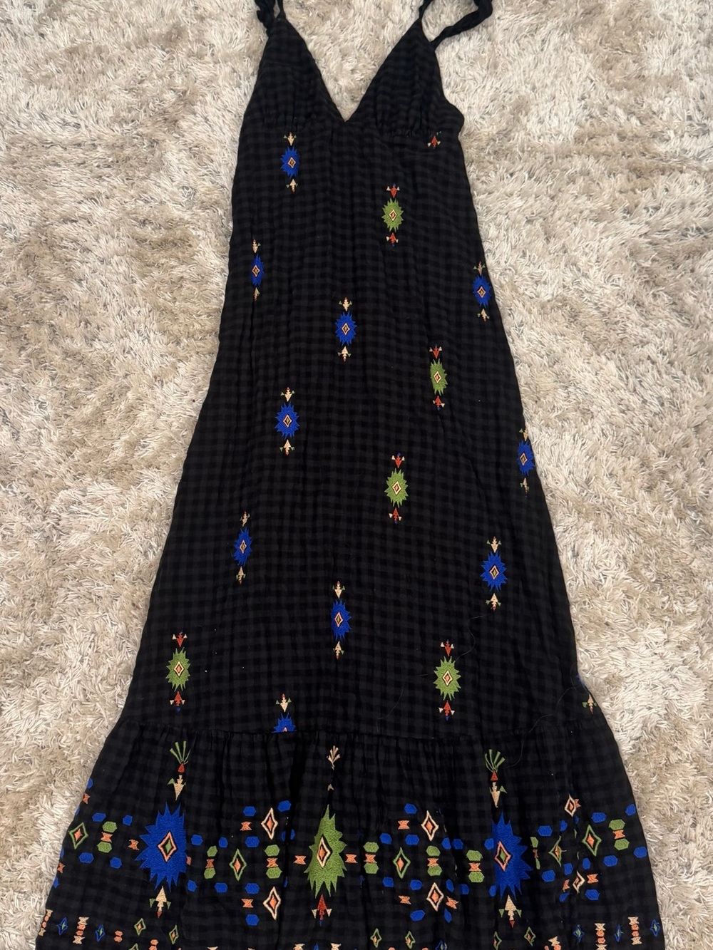 Anthropologie Black Maxi Skirt with Blue & Green Embroidery